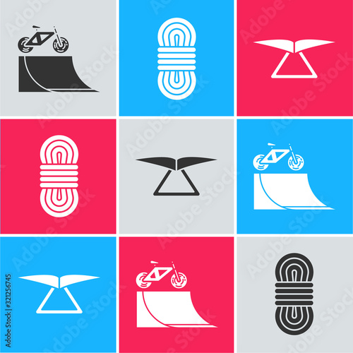 Set Bicycle on street ramp, Climber rope and Hang glider icon. Vector