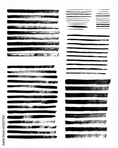 Grunge strips. Set of vector ink brushes. Dirty textures for banners, boxes, frames, patterns, prints, and design elements. Black lines isolated on a white background
