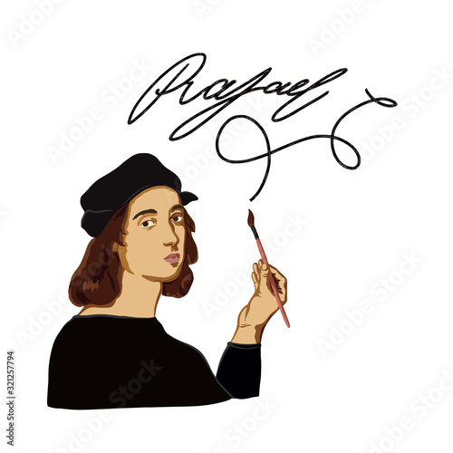 Vector illustration for the celebration of the 500th anniversary of the death of the famous artist and architect. 2020 - the year of Raphael Santi. Isolated figure on a white background. Poster.