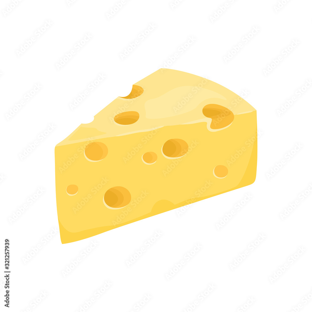 Cheese isolated on white background. Triangular piece of fresh yellow cheese in cartoon flat style. Vector illustration of dairy farm product. Icon. Cheese isolated on white background. Triangular piece of fresh yellow cheese in cartoon flat style. Vector illustration of dairy farm product. Icon.