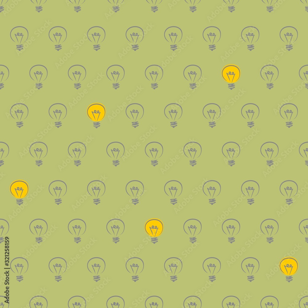 Seamless vector pattern with light bulbs turn on and off random on grass green background. For website design, blog, www, desktop wallpaper. Sign of creative and invention. Seamless vector pattern with light bulbs turn on and off random on grass green background. For website design, blog, www, desktop wallpaper. Sign of creative and invention.