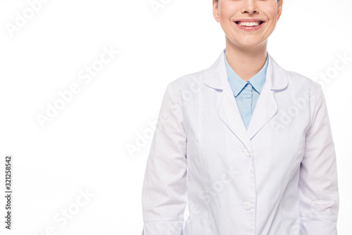 Cropped view of smiling doctor in white coat isolated on white
