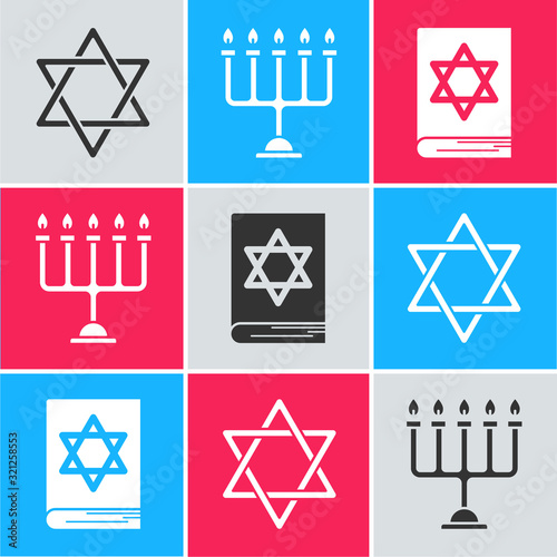 Set Star of David, Hanukkah menorah and Jewish torah book icon. Vector