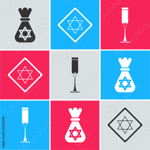 Set Jewish money bag with star of david, Star of David and Jewish goblet icon. Vector