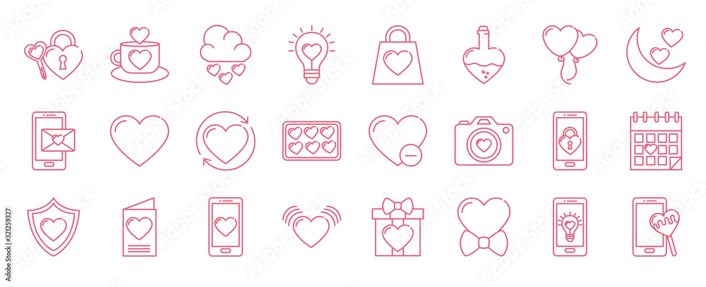 Icon set design of love passion romantic valentines day wedding decoration and marriage theme Vector illustration