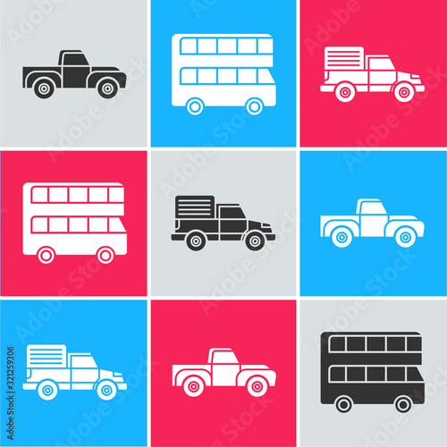 Set Pickup truck, Double decker bus and Delivery cargo truck vehicle icon. Vector