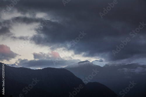 Sunset. Mountains and clouds. South Island. New Zealand