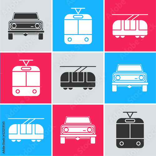Set Off road car, Tram and railway and Tram and railway icon. Vector