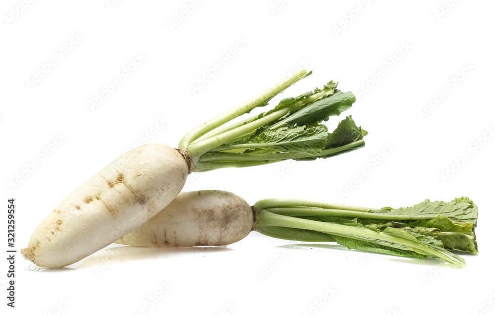 fresh white radish with slices isolated on white background fresh white radish with slices isolated on white background
