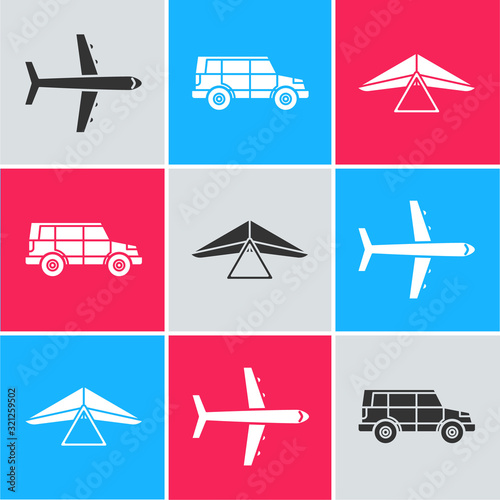 Set Plane, Off road car and Hang glider icon. Vector