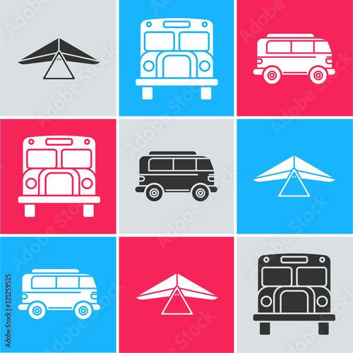 Set Hang glider, School Bus and Retro minivan icon. Vector