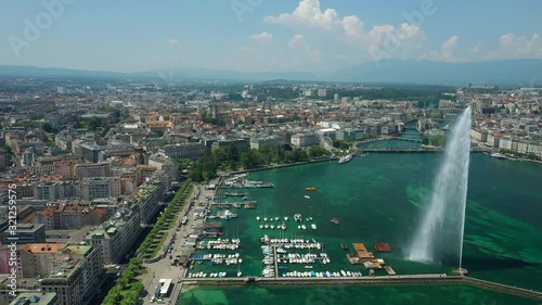 flight over sunny day geneva city famous lakeside walking bay yacht dock aerial panorama 4k switzerland