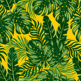 Exotic seamless tropical pattern with bright plants and leaves on a yellow background.  Modern abstract design for fabric, paper, interior decor.