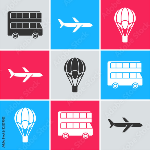 Set Double decker bus, Plane and Hot air balloon icon. Vector