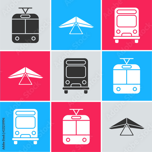 Set Tram and railway, Hang glider and Bus icon. Vector