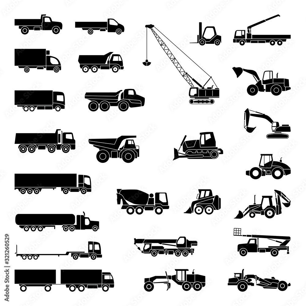 Detailed icons of trucks and construction equipment