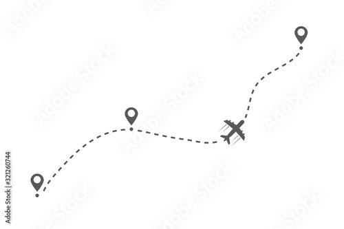 Airplane flight route. Flight tourism route path. Starting pin to destination point. Travel symbol. Vector illustration 