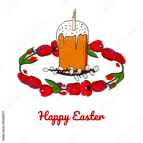 Happy Easter invitation card with text. Rounded red tulips with lavander garland with Easter cake and pussy willow in the middle. Circle made out of red tulips and pussy willow vector.  Elements for d