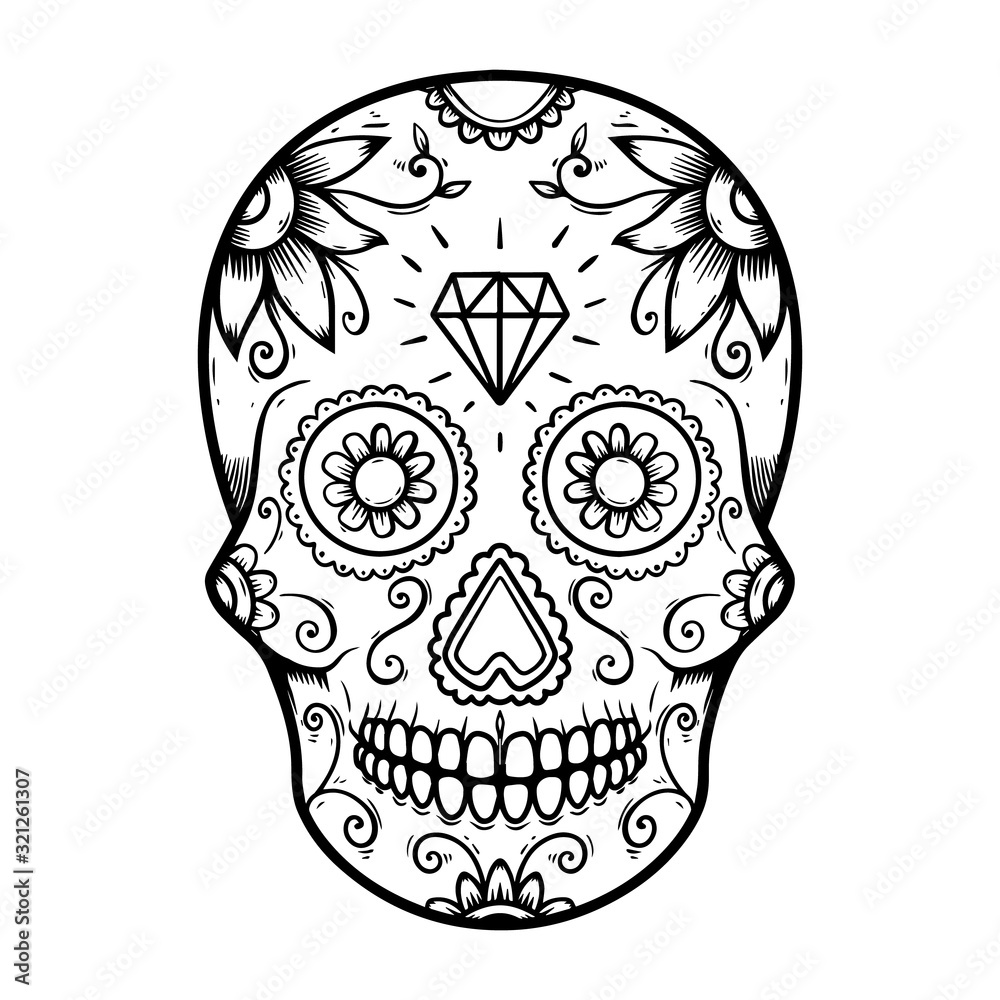 Illustration of mexican sugar skull. Design element for poster, logo, label, design.