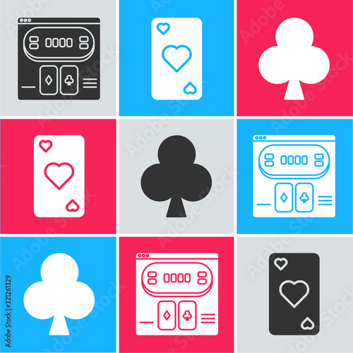 Set Online poker table game, Playing card with heart symbol and Playing card with clubs symbol icon. Vector