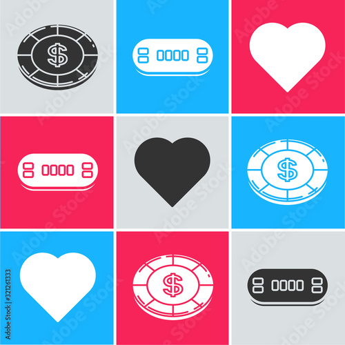 Set Casino chip with dollar symbol, Poker table and Playing card with heart symbol icon. Vector