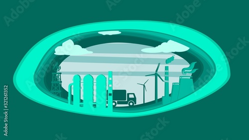 Energy, manufacturing and power icons set in thin line style. Header or footer banner. Sustainable energy generation, transportation and heavy industry. Paper cut design