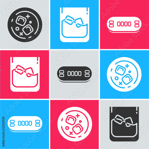 Set Glass of whiskey and ice cubes, Glass of whiskey and ice cubes and Poker table icon. Vector