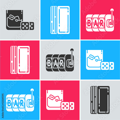 Set Game dice and glass of whiskey with ice cubes, Deck of playing cards and Slot machine icon. Vector