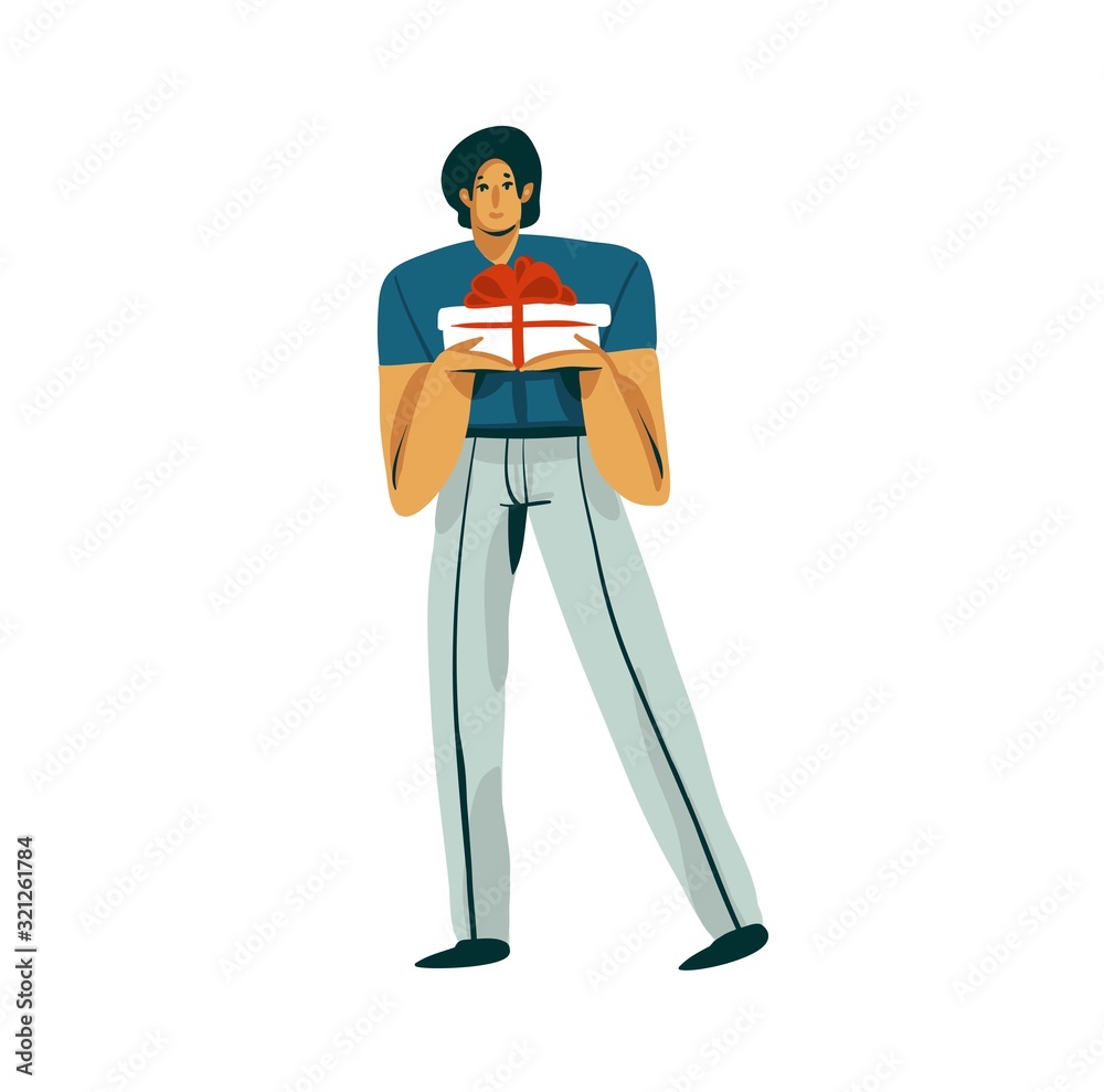 Hand drawn vector stock abstract graphic Valentines day illustration with guy embarrassed guy gives a present isolated on white background Hand drawn vector stock abstract graphic Valentines day illustration with guy embarrassed guy gives a present isolated on white background