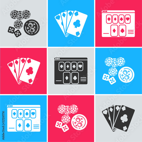 Set Casino chips, game dice and glass of whiskey with ice cubes, Playing cards and Online poker table game icon. Vector