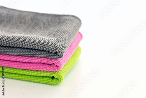 Cleaning microfiber towels isolated against white background,