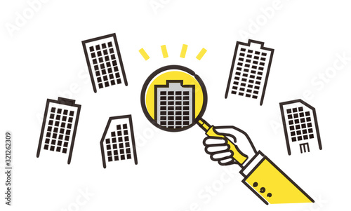 いろいろな企業と、虫眼鏡を持つ男性のイラスト