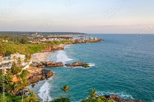 Beautiful aerial view of the rocky beach of Vizhinjam, Thiruvananthapuram, Kerala, India.