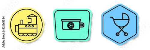 Set line Toy train, Baby potty and Baby stroller. Colored shapes. Vector
