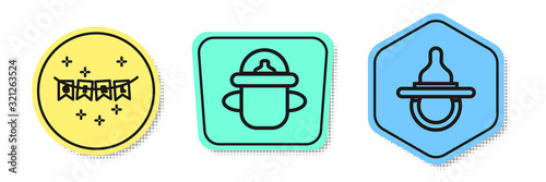 Set line Carnival garland with flags, Baby bottle and Baby dummy pacifier. Colored shapes. Vector