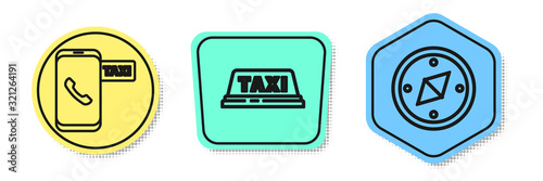 Set line Taxi call telephone service, Taxi car roof and Compass. Colored shapes. Vector