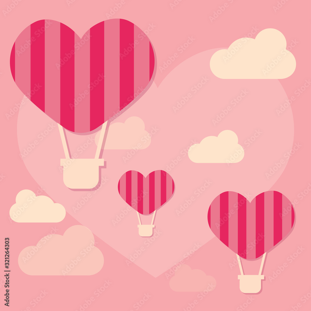 Many heart-shaped balloons floating on a pink sky, Valentine's day concert