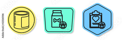 Set line Canned food, Bag of food for pet and Clipboard with medical clinical record pet. Colored shapes. Vector