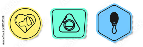 Set line Heart with dog, Pet bed and Hair brush for dog and cat. Colored shapes. Vector