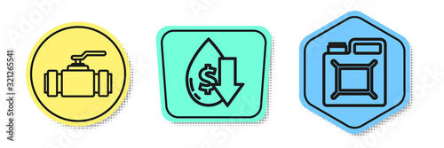 Set line Industry metallic pipes and valve, Drop in crude oil price and Canister for gasoline. Colored shapes. Vector