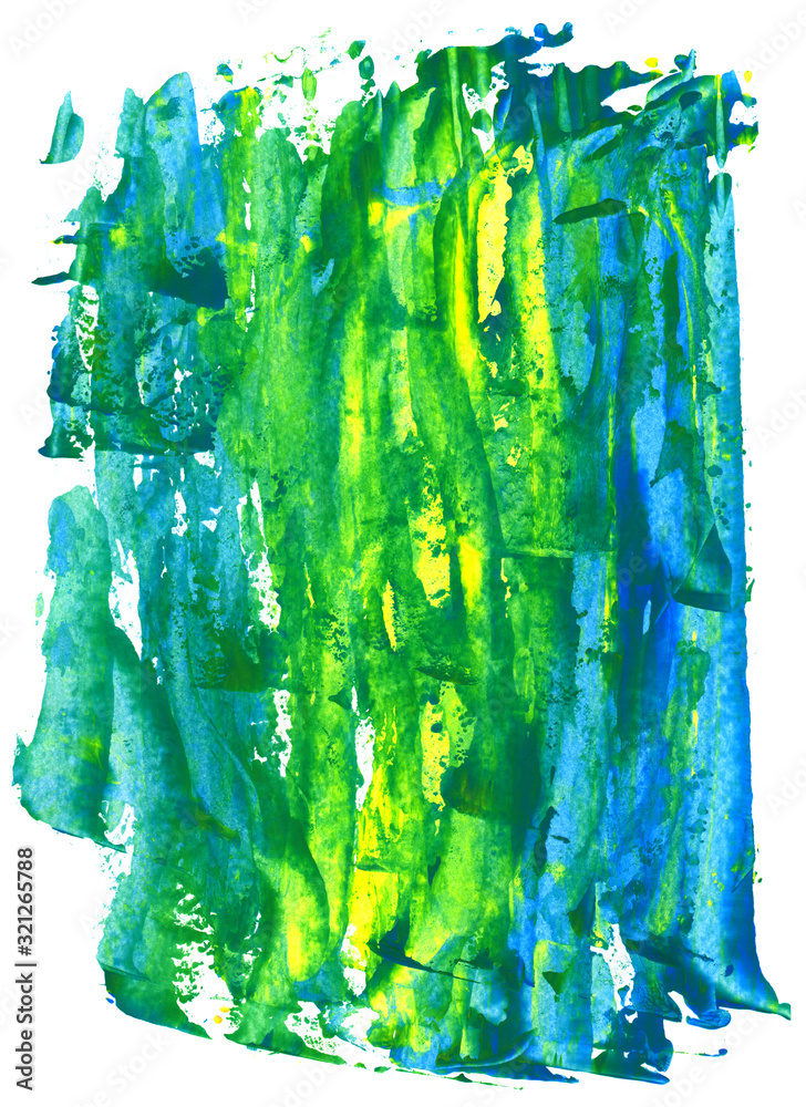 Blue, yellow and green abstract watercolor paint stains on white background. Colorful hand drawn wallpaper for your design. Bright gouache backdrop.