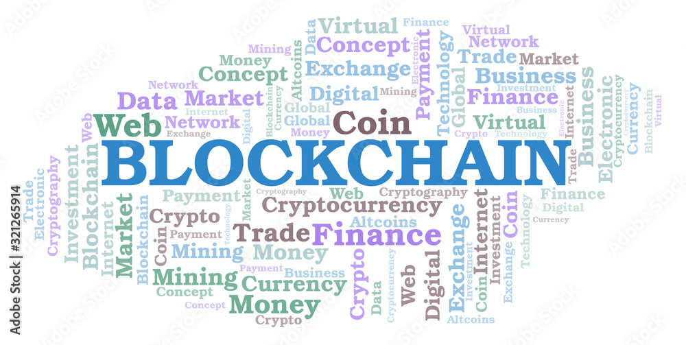 Fototapeta premium Blockchain cryptocurrency coin word cloud.