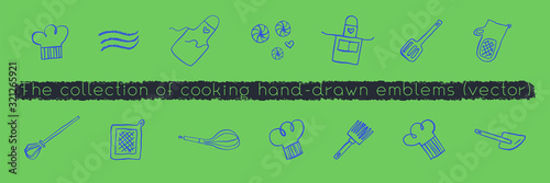 Gastronomy icons set. Gastronomic linear signs. Doodle logos for restaurant and cafe branding. Hand-drawn illustrations for bakehouse. Linear icons for emblems of cooking class. 