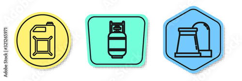 Set line Canister for gasoline, Propane gas tank and Oil and gas industrial factory building. Colored shapes. Vector