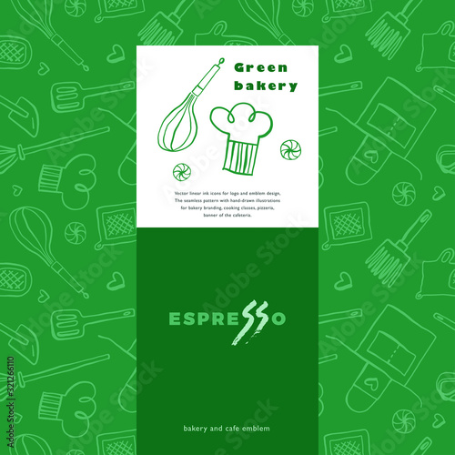 Gastronomy icons set. Gastronomic linear signs. Doodle logos for restaurant and cafe branding. Hand-drawn illustrations for bakehouse. Linear icons for emblems of cooking class. Vector food pattern. 