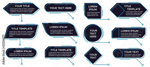 Callouts titles banner. Futuristic callouts template, digital line text frame boxes and callout label vector set. Collection of pop-up or description boxes, speech bubbles. Simple design elements.