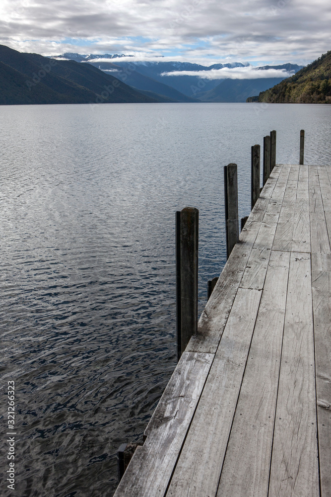 Lake Rotoroa. New Zealand Evening light. Jetty Lake Rotoroa. New Zealand Evening light. Jetty