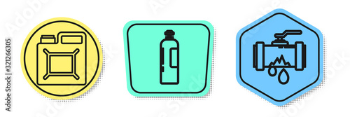 Set line Canister for gasoline, Industrial gas cylinder tank and Broken metal pipe with leaking water. Colored shapes. Vector