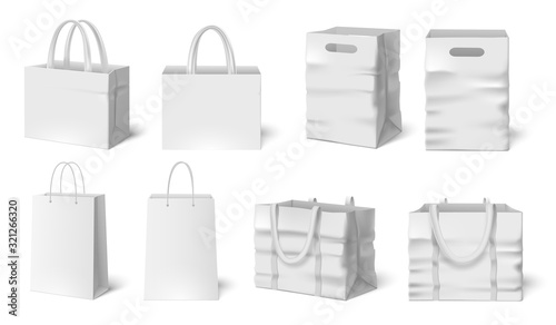 White shopping bag mockup. Paper bags, fabric bag 3d realistic packaging template vector set. Collection of modern clean packages with handles for corporate identity. Blank packs for store branding.