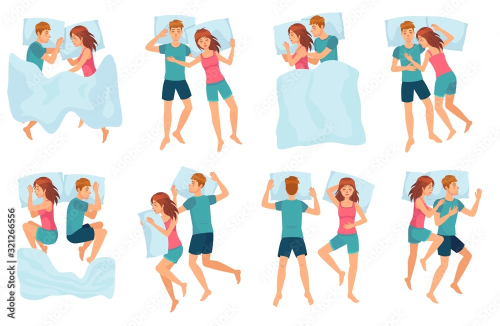 Couple sleeps in different poses. Man and woman sleeping together, couple in bed and healthy night sleep vector set. Cute boy and girl slumbering. Male and female cartoon characters falling asleep.